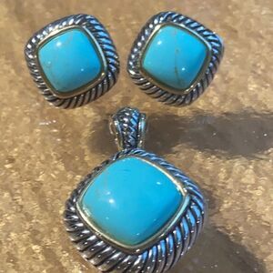 Heavy Duty Sterling Silver with Turquoise Pendant and Post Earring Set